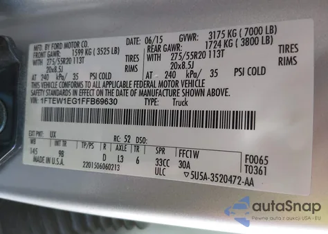 2015 Ford F-150 Platinum z USA, uszkodzony, nr VIN 1FTEW1EG1FFB69630